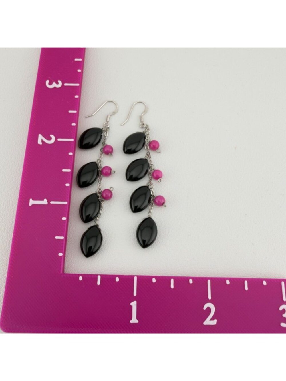 Sterling Silver Long Beaded Dangle Earrings Black Pink 2.5" - Picture 4 of 10
